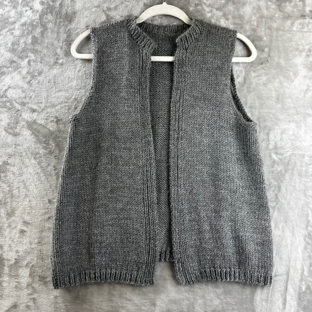 Handmade Knit Sweater Vest Women M Gray Open Front Sleeveless Cardigan (1717)